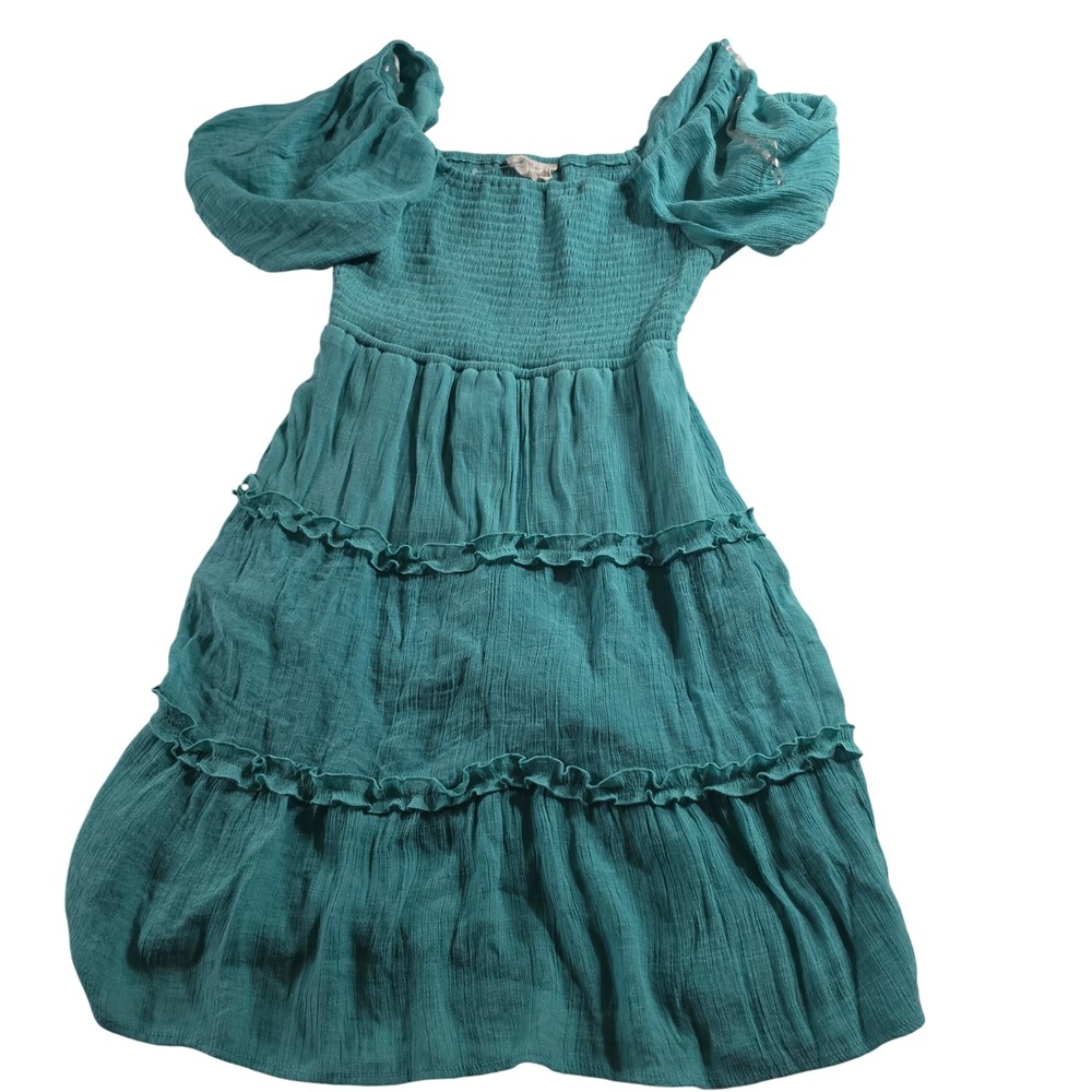 Just Found Women Teal Smocked Tiered Ruffle Puff Sleeve Mini Dress Size M